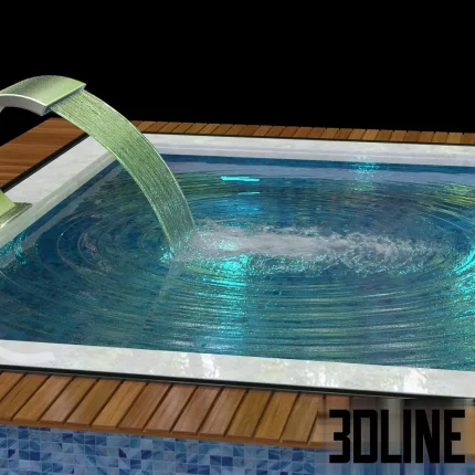 3D model of a modern rectangular swimming pool featuring blue mosaic tiles, a built-in square jacuzzi section, a chrome waterfall cascade, and a wooden deck surround.