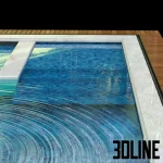 3D model of a modern rectangular swimming pool featuring blue mosaic tiles, a built-in square jacuzzi section, a chrome waterfall cascade, and a wooden deck surround.