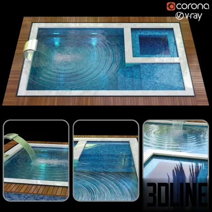 3D model of a modern rectangular swimming pool featuring blue mosaic tiles, a built-in square jacuzzi section, a chrome waterfall cascade, and a wooden deck surround.