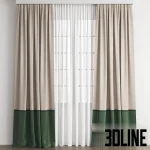 3D model of a modern two-tone curtain set featuring a beige upper section and a deep green lower hem (color block), layered with white sheer tulle.