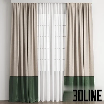 3D model of a modern two-tone curtain set featuring a beige upper section and a deep green lower hem (color block), layered with white sheer tulle.