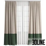 3D model of a modern two-tone curtain set featuring a beige upper section and a deep green lower hem (color block), layered with white sheer tulle.
