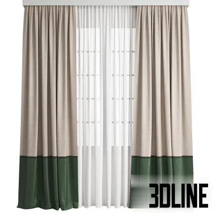 3D model of a modern two-tone curtain set featuring a beige upper section and a deep green lower hem (color block), layered with white sheer tulle.