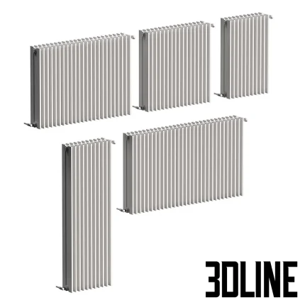 3D model set of modern vertical heating radiators featuring a sleek design with thin, tall rectangular fins in a white finish, shown in various sizes with detailed valves.