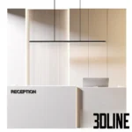 3D model of a modern minimalist reception area featuring a white L-shaped desk, a fluted beige wall panel with LED lighting, and a linear pendant light.