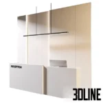3D model of a modern minimalist reception area featuring a white L-shaped desk, a fluted beige wall panel with LED lighting, and a linear pendant light.