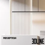 3D model of a modern minimalist reception area featuring a white L-shaped desk, a fluted beige wall panel with LED lighting, and a linear pendant light.