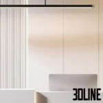 3D model of a modern minimalist reception area featuring a white L-shaped desk, a fluted beige wall panel with LED lighting, and a linear pendant light.