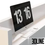3D model of a modern minimalist reception area featuring a white L-shaped desk, a fluted beige wall panel with LED lighting, and a linear pendant light.