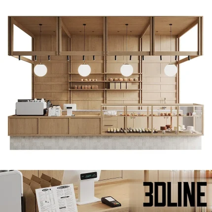 3D model of a complete modern bakery counter scene featuring light wood cabinetry, glass pastry display cases, suspended globe lights, shelving with bread, and a coffee machine station.