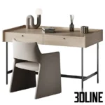 3D model of a modern workplace setup featuring a minimalist wooden desk with two drawers and a sculptural beige leather chair with a unique triangular base.