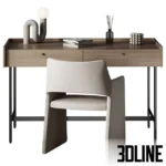 3D model of a modern workplace setup featuring a minimalist wooden desk with two drawers and a sculptural beige leather chair with a unique triangular base.