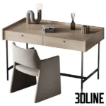 3D model of a modern workplace setup featuring a minimalist wooden desk with two drawers and a sculptural beige leather chair with a unique triangular base.