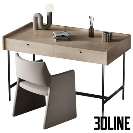 3D model of a modern workplace setup featuring a minimalist wooden desk with two drawers and a sculptural beige leather chair with a unique triangular base.