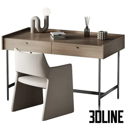 3D model of a modern workplace setup featuring a minimalist wooden desk with two drawers and a sculptural beige leather chair with a unique triangular base.