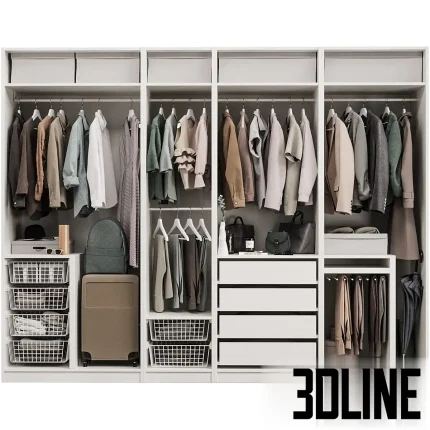 Highly detailed 3D model of a large modular white wardrobe (PAX system) with open shelves, drawers, hanging clothing, baskets, and luggage items.