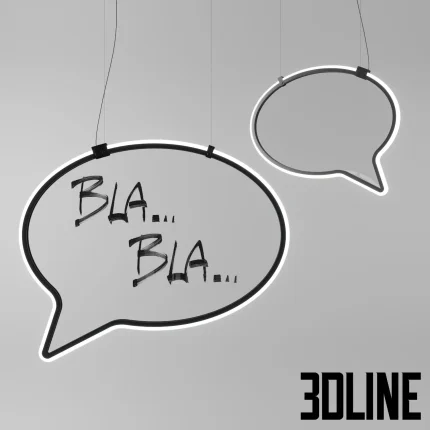 3D model set of the Mogg BLA BLA pendant lights, featuring large speech/thought bubble outlines with integrated LED lighting and a playful "BLA... BLA..." text on one shade.