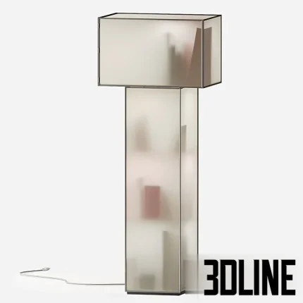 3D model of the Mogg Velasca floor lamp, a modern architectural fixture resembling a frosted glass cabinet or totem with internal shelves that display shadowy silhouettes of objects when lit.