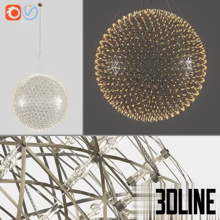 Detailed 3D model of the Moooi Raimond R163 suspended lamp, a large spherical chandelier composed of a geometric metal mesh frame holding numerous small LED lights.