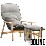 High-resolution 3D model of the Moroso Lilo Armchair and Ottoman set, featuring a light wood frame and two-tone gray fabric upholstery.