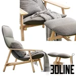 High-resolution 3D model of the Moroso Lilo Armchair and Ottoman set, featuring a light wood frame and two-tone gray fabric upholstery.
