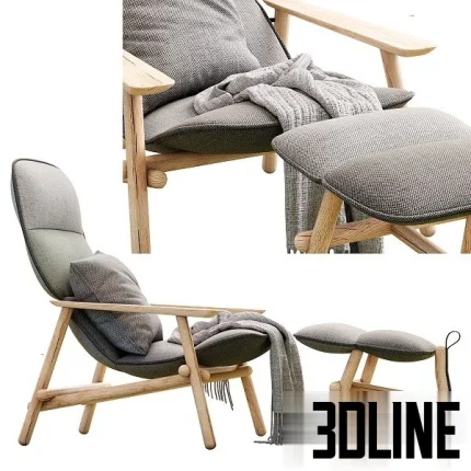 High-resolution 3D model of the Moroso Lilo Armchair and Ottoman set, featuring a light wood frame and two-tone gray fabric upholstery.