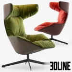 Photorealistic 3D model of the Moroso Take A Line For A Walk swivel armchair, featuring a dramatic high-back chair with plush green and red quilted velvet upholstery and a dark metal base.