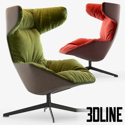 Photorealistic 3D model of the Moroso Take A Line For A Walk swivel armchair, featuring a dramatic high-back chair with plush green and red quilted velvet upholstery and a dark metal base.