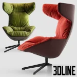 Photorealistic 3D model of the Moroso Take A Line For A Walk swivel armchair, featuring a dramatic high-back chair with plush green and red quilted velvet upholstery and a dark metal base.