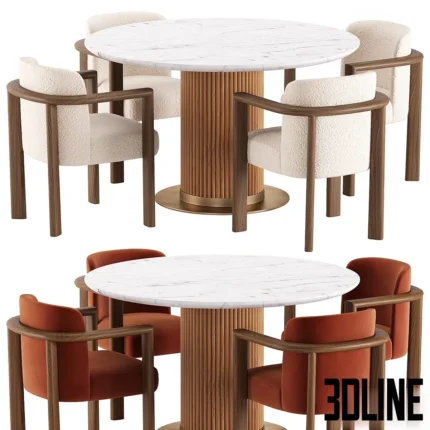 3D model of a modern dining set featuring the Murcell round table with a white marble top and fluted wood base, surrounded by four Aria chairs upholstered in white boucle and rust velvet.