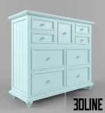 3D model of a pastel blue chest of drawers from the MyHaven nursery collection, featuring a traditional design with molded drawer fronts, round knobs, and bun feet.