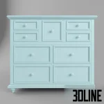 3D model of a pastel blue chest of drawers from the MyHaven nursery collection, featuring a traditional design with molded drawer fronts, round knobs, and bun feet.