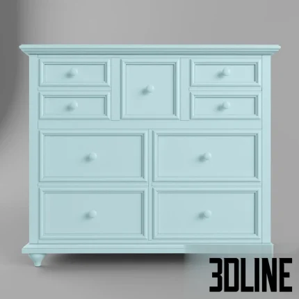 3D model of a pastel blue chest of drawers from the MyHaven nursery collection, featuring a traditional design with molded drawer fronts, round knobs, and bun feet.