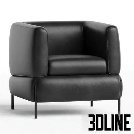 High-resolution 3D model of the black leather Natuzzi ANTEPRIMA Armchair with rounded edges, a deep seat, and thin black metal legs.