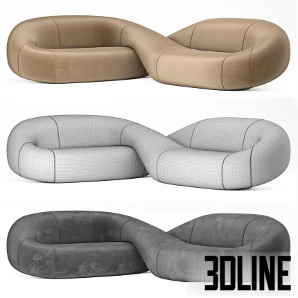 Detailed 3D model of the sculptural Natuzzi Infinito sofa, a low-profile sectional couch upholstered in smooth beige velvet fabric with a continuous infinity-shaped silhouette.