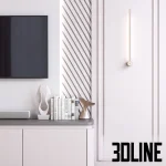 3D model of a neoclassical TV wall unit featuring diagonal slat panels with LED lighting, a floating media cabinet, and a built-in vanity desk with a round mirror.