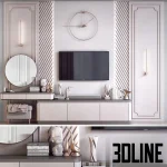 3D model of a neoclassical TV wall unit featuring diagonal slat panels with LED lighting, a floating media cabinet, and a built-in vanity desk with a round mirror.