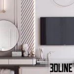 3D model of a neoclassical TV wall unit featuring diagonal slat panels with LED lighting, a floating media cabinet, and a built-in vanity desk with a round mirror.