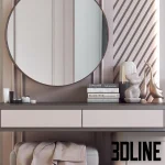 3D model of a neoclassical TV wall unit featuring diagonal slat panels with LED lighting, a floating media cabinet, and a built-in vanity desk with a round mirror.