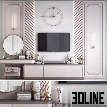 3D model of a neoclassical TV wall unit featuring diagonal slat panels with LED lighting, a floating media cabinet, and a built-in vanity desk with a round mirror.