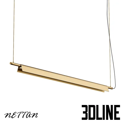 High-resolution 3D model of the NETTAN linear pendant light, a thin, folded brass metal strip suspended horizontally by two wires.