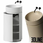 3D model of the NIC Design Mod freestanding washbasin, featuring a cylindrical body with a unique side cutout revealing internal shelving, shown in matte white and beige finishes with wall-mounted faucets.