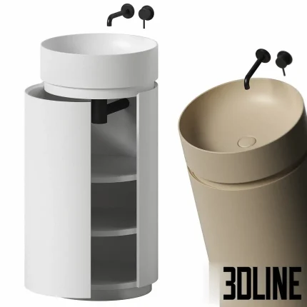 3D model of the NIC Design Mod freestanding washbasin, featuring a cylindrical body with a unique side cutout revealing internal shelving, shown in matte white and beige finishes with wall-mounted faucets.