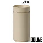 3D model of the NIC Design Mod freestanding washbasin, featuring a cylindrical body with a unique side cutout revealing internal shelving, shown in matte white and beige finishes with wall-mounted faucets.