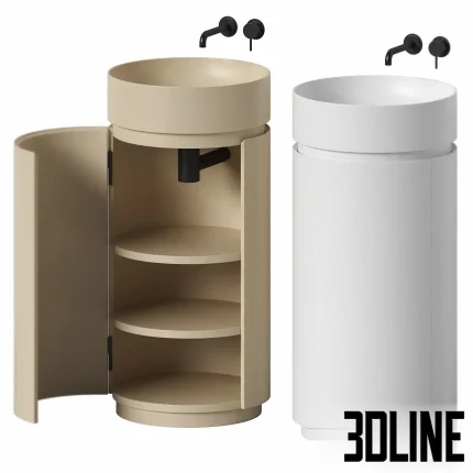 3D model of the NIC Design Mod freestanding washbasin, featuring a cylindrical body with a unique side cutout revealing internal shelving, shown in matte white and beige finishes with wall-mounted faucets.
