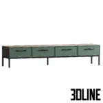 3D model set of the Nicole furniture collection in matte green with black metal legs, including a tall 4-drawer chest, a wide TV stand/dresser, and a nightstand with an open shelf.