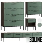3D model set of the Nicole furniture collection in matte green with black metal legs, including a tall 4-drawer chest, a wide TV stand/dresser, and a nightstand with an open shelf.