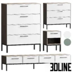3D model set of the Nicole furniture collection in matte green with black metal legs, including a tall 4-drawer chest, a wide TV stand/dresser, and a nightstand with an open shelf.