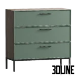 3D model set of the Nicole furniture collection in matte green with black metal legs, including a tall 4-drawer chest, a wide TV stand/dresser, and a nightstand with an open shelf.
