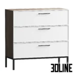 3D model set of the Nicole furniture collection in matte green with black metal legs, including a tall 4-drawer chest, a wide TV stand/dresser, and a nightstand with an open shelf.